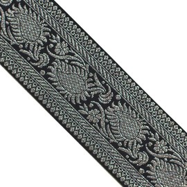 JL 421 Jacquard Metallic Silver Leaf Border Black Ribbon Trim 1-5/8" (41mm) 5 Yards DIY for Sewing Crafting Home Decor, Wedding, Gift Wrapping hat Bands