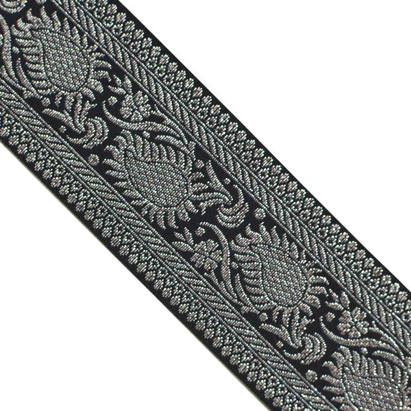 JL 421 Jacquard Metallic Silver Leaf Border Black Ribbon Trim