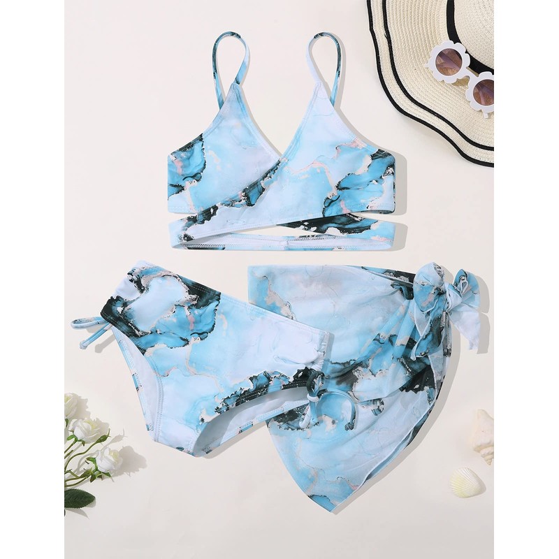 URMAGIC Girl's 3 Piece Bikini Swimsuits Printed Bathing Suit Adjustable