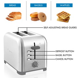 Kenmore 2-Slice Toaster, Stainless Steel, Extra Wide Slots, Bagel and Defrost Functions, 9 Browning Levels, Removable Crumb Tray, for Bread, Toast, English Muffin, Toaster Strudel