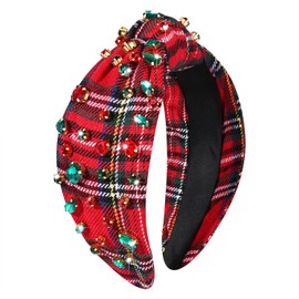 HZEYN Christmas Headbands for Women Red Plaid Headband Crystal Jeweled Knotted Headband Christmas Holiday Party Hair Accessories Gifts (Red-Plaid)