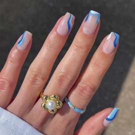 24PCS Short False Nails with Glue Stickers,Coffin Full Cover Acrylic and Press on Nails no Glue, White Blue Waves French Fake Nails Stick for Women and Girls Nail Art.