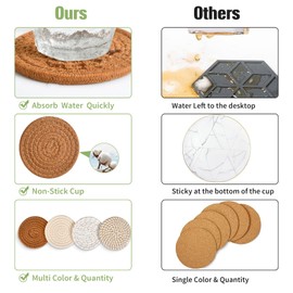 Set of 8 Coasters for Drinks, Round Woven Coaster Cotton Woven Coaster,Absorbent Drink Coasters,Handmade Braided Fabric Coasters,Water Absorbent Coaster Set with Holder