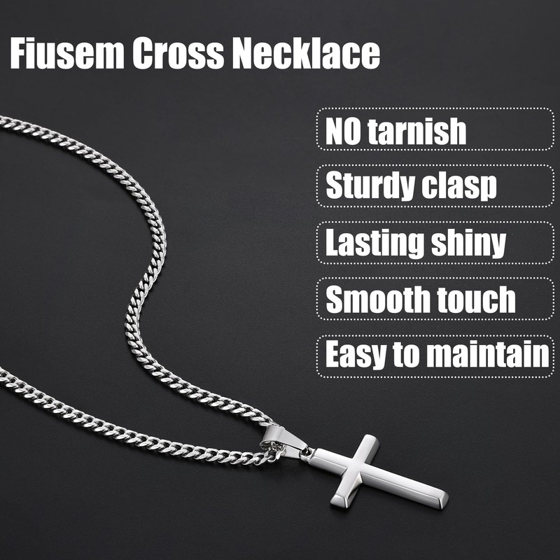 Fiusem Silver Tone Cross Necklace for Men, Beveled Edge Trapezoid