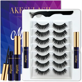 AkesuLash Magnetic Eyelashes - 7 Pairs 3D Medium Cat-eye Magnetic Lashes with Eyeliner Kit - Upgraded,Natural Look,Long Lasting,Reusable,With Applicator - Easy to Apply (2 Tube of Liner)