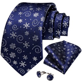 DiBanGu Christmas Ties for Men Xmas Holiday Necktie and Pocket Square Cufflinks Set Vacation Festive Necktie with Gift Box, Blue and White Snowflake