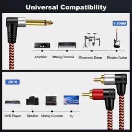 LiuTian Plated 6.35mm 1/4" High TRS Stereo Plug to Two RCA Player Audio Y Splitter Cable, Connector Wire Plug (1m)