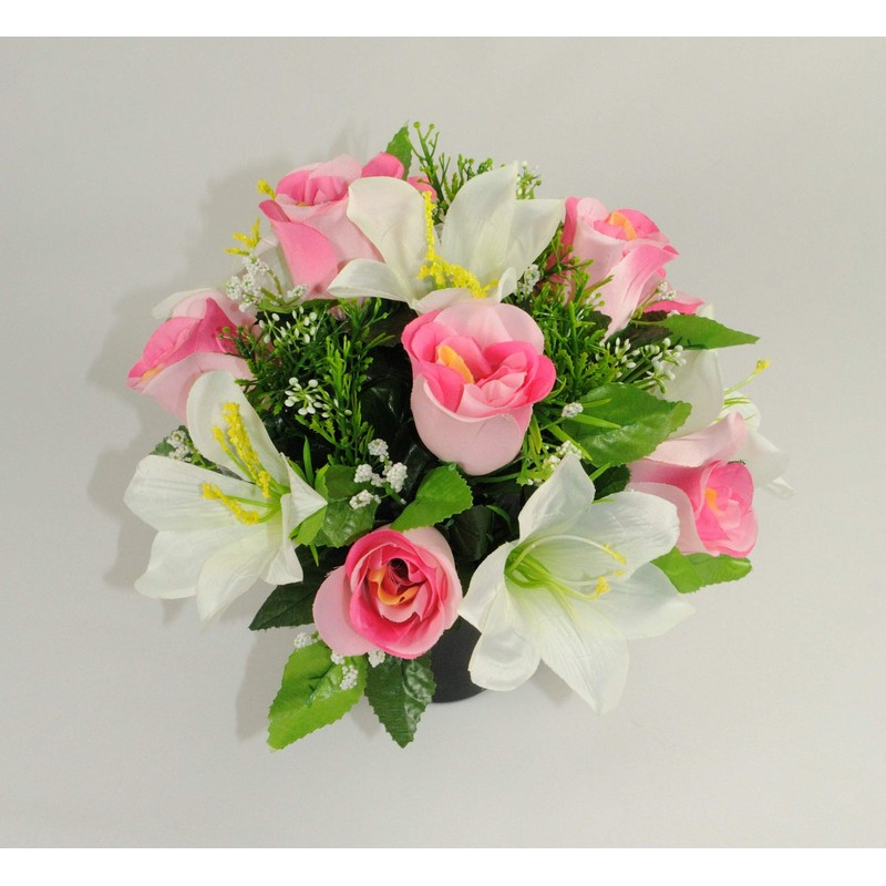Artificial Grave Flower Arrangement with Pink Roses and White Lilies