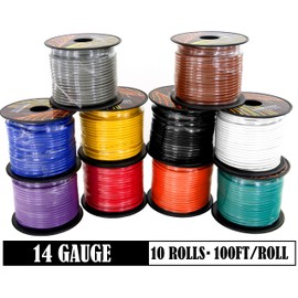 GS Power 14 Gauge Copper Clad Aluminum Low Voltage Primary Wire in 10 Color Pack, 100 feet Roll (1000 feet Total) for 12V Automotive Harness Car Video Stereo Wiring. Also in 4 Color Set