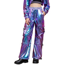 Perfashion Girls Cargo Pants Hip Hop Dance Outfits Purple Metallic Parachute Pant Wide Leg Neon Size 8-10