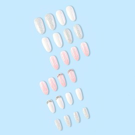 Christmas Press on Nails Medium Almond False Nails Pink Full Cover White Snowflake Fake Nails with Rhinestones Designs Sliver Glitter Acrylic Nails Luxury Xmas Stick on Nails for Women 24Pcs