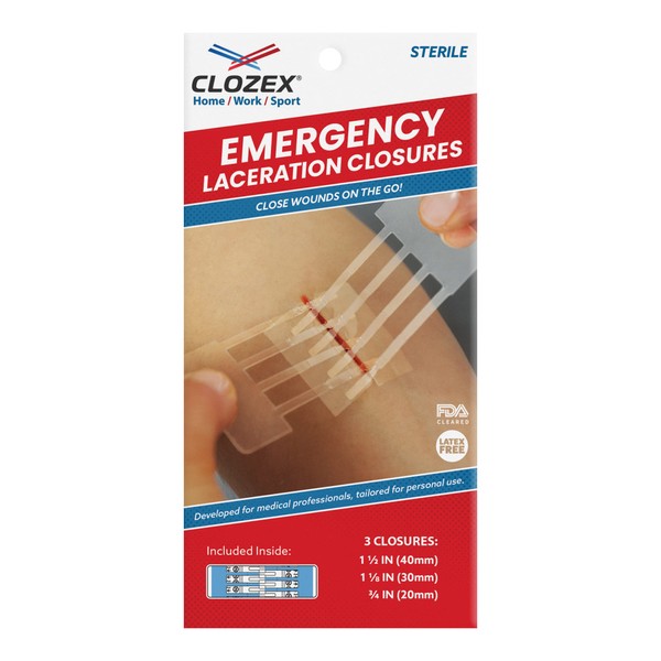 Clozex Emergency Laceration Closures - Repair Wounds Without Stitches. FDA Cleared Skin Closure Device for 3 Individual Wounds Or Combine for Total Length of 3 3/8 Inches. Life Happens, Be Ready!