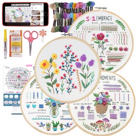 KLOSN 4 Sets Embroidery Kit for Beginners Adults, Easy Embroidery Patterns Punch Needlepoint Kit, Beginner Cross Stitching Embroidery Kits for Adults Include Video Tutorial