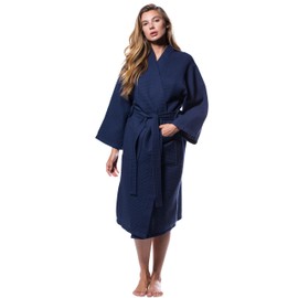 Turquaz Linen Lightweight Long Waffle Kimono Unisex Spa Robes For Women And Men, Navy Blue, One Size