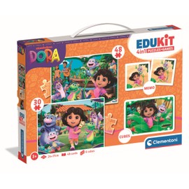 Clementoni Edukit 4-in-1 Dora Game Collection for Preschool Children from 3 Years - Includes 2 Puzzles, Memo Game & Cube Puzzle, 18209
