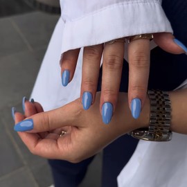 Blue Press on Nails Short Oval Acrylic Nails Press on, Solid Color Medium Short Oval Fake Nails for Women Reusable Thick Round Nails Glue on, Medium Almond Nails Soft Gel False Nails 24Pcs