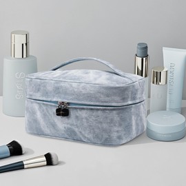 Fammio Cowboy Texture Makeup Bag for Women, Large Capacity Cosmetic Bags Toiletry Bag Travel Organizer, Stylish Blue Portable Pouch with Handle, Great Gifts for Women