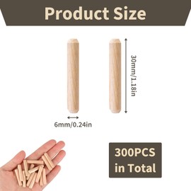 300 Pcs Wooden Dowel Pins, 6mm x 30mm Dowels, Fluted Wood Dowels for Furniture, M6 Wooden Hardwood Dowel Pins for Woodwork, Furniture Assembly, DIY Crafts, Strong Joint Construction, Carpentry Pins