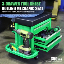 TOOLS DNA Motoring 3-Drawer Chest Rolling Mechanic Seat Trays,350lbs Max Weight Capacity, Green, TOOLS-00261-GR