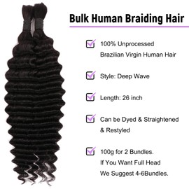 Deep Wave Bulk Human Hair for Boho Braids Water Wave Bulk Human Hair for Boho Braids No Weft micro Human Braiding Hair for Black Women (1B#, 26Inch 100g(50gx2Bundles))