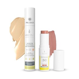ENVERA | Duo Facial Protector Facial Solar Oil Control 50ml + Barra FPS 50+ con Rubor Natural "Peachy" Bloqueador con Color Piel Grasa | Protección Resistente al Agua | No Comedogénico (Light)