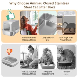 Amniau Stainless Steel Cat Litter Box with Lid, Extra Large Litter Box, Great for Large & Small Cat, Easy to Clean, Anti-Leakage, Non-Sticky, Multifunctional 2 in-1 Metal Cat Litter Box - Light Gray
