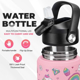 Charcy 12 oz Insulated Water Bottle With Straw, Sports Water Cup Flask with Wide Mouth, Leak Proof Travel Thermo Mug - Pink Unicorn S