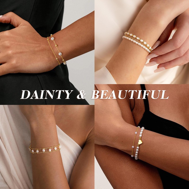 Yoosteel Three Layer Pearl Bracelets for Women, Dainty Beaded Pearls