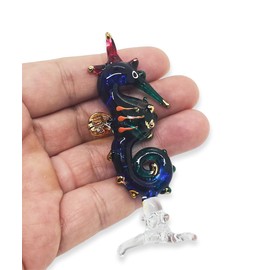 Mr_air_thai_Glass_Blown Tiny 2½" High Blue Yellow Seahorse Figurine - Miniature Hand Blown Glass Animal Multicolor Sea Horse Colorful Marine Life Crystal Decorative Collectible Figurines Décor Gifts