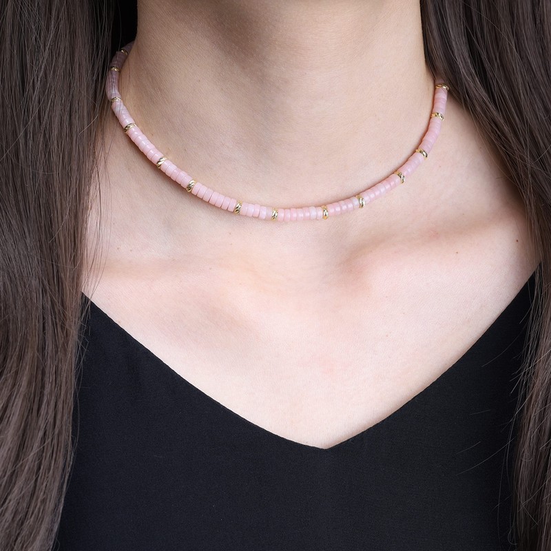 COAI Women's Choker Pearl Necklace with Crystal Beads, Stone, Pink