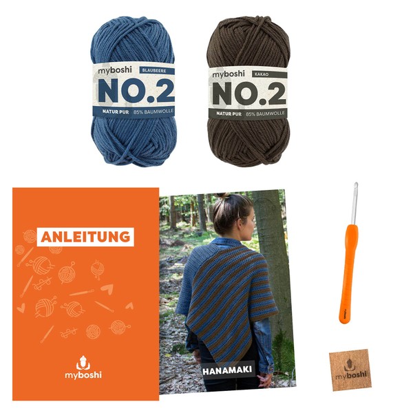 myboshi Hanamaki Poncho Crochet Set, Includes No.2 Wool, Needle and Instructions, for Clothing, Crochet Pack, 85% Cotton, 15% Kapok Blue with Crochet Hook