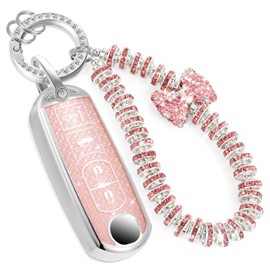 CTRINEWS for MZD Key Fob Cover with Fashionable Zirconia Wristlet KeyChain, Enchanting Diamond Patterns Soft Case for CX-3 CX-5 CX-7 CX-9 MZD 3 6 MX-5 Miata (4 buttons) Key Fob Shell (Pink, A)