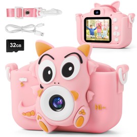 FIVAVA Children's Camera, Children's Camera 1080P 2.0 Inch Screen Camera Children with 32 GB Card, Selfie Digital Camera Children's Camera Children for Children's Toys from 3 Years Pink Dinosaur