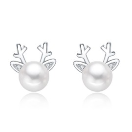 Hasnsofie Silver Christmas Earrings Women, 925 Sterling Silver Christmas Stud Earrings, Snowflake Elk Pearl Moonstone Stud Earrings Silver for Women, 9 mm Silver Sleeping Stud Earrings for Christmas,