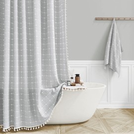 BTTN Extra Wide Shower Curtain - 108x72 Inch Boho Farmhouse Fabric Weighted Linen Shower Curtain Set with 18 Hooks, Large Country Hotel Neutral Waterproof Cloth Shower Curtains for Bathroom, Grey/Gray