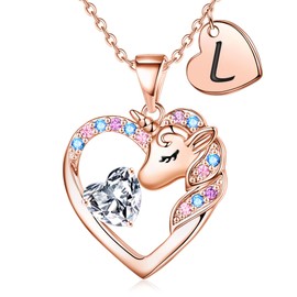 TINGN Unicorn Gift Chain for Girls, 14-Carat Gold-Plated Unicorn Chain, Heart Chain with Letters, Necklace, Jewellery, Birthday Gift for Girls, Gold, Cubic Zirconia