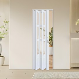 CCBOYSHARDWARE 30X80in Accordion Door with Clear Panels, Interior Folding Door for Closet Includes Hardware and Lock, White Multifold Interior Doors