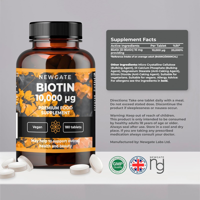 Newgate Labs Biotin 10,000 mcg- 180 High Strength Tablets -