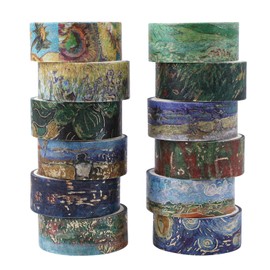 RISYPISY Washi Tape Set, 12 Rolls Gold Foil Van Gogh Oil Painting Patterns 6.6 ft Long Decorative Masking Tapes Vintage Artists Tapes for Journaling, Planners, Calendar, Scrapbook - 15 mm