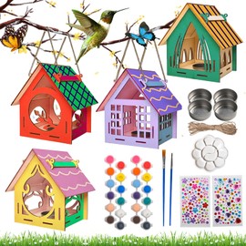 Shinybox Children's Wooden Bird House Building Kit, 4 Pieces 3D DIY Bird House Kit for Children, Craft Wooden Bird House for Building and Painting, Bird House for Painting, Toy Gift for Boys Girls
