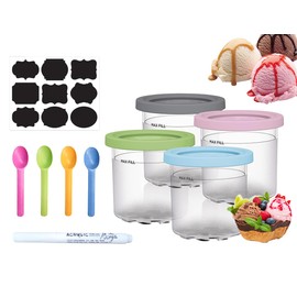 Litex Creami Pints 4 Pack，Creami Pints and Lids，Smoothie Pot Compatible with NC299AMZ & NC300s Series Creamer Ice Cream Maker Machine，Dishwasher Safe, W/ 4X Spoon, 1 Marker and Sticker
