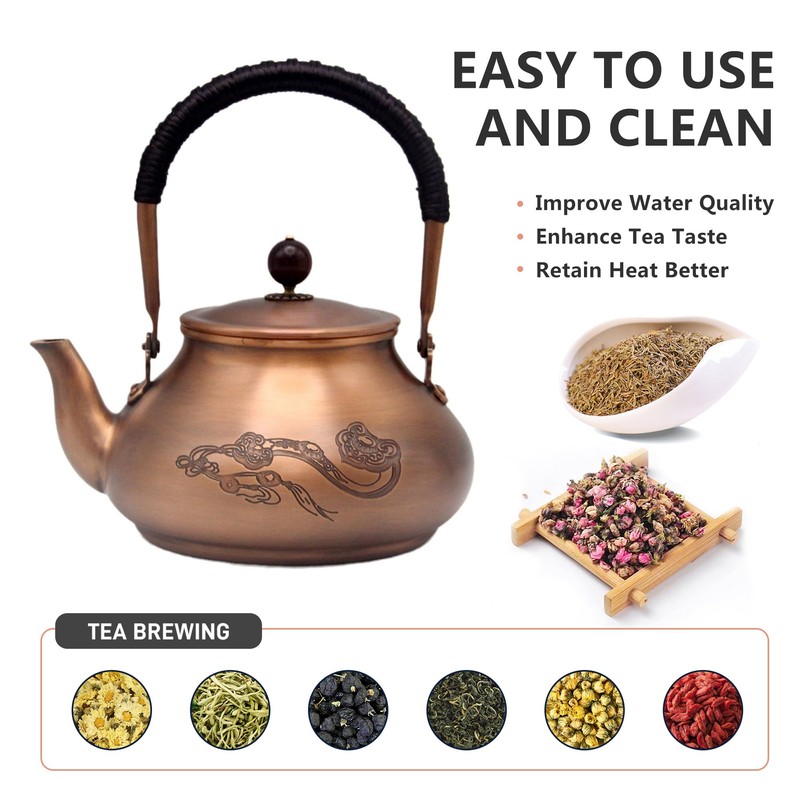 SECHUDO Classic Pure Copper Teapot without Coating, 44oz Tea Kettle