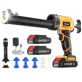 Uaoaii Electric Caulking Gun, Cordless Caulking Gun with 2x 2000mAh Batteries, 9Pcs Silicone Caulking Tools, 4 Adjustable Speeds, LED Light, 10OZ Battery Silicone Gun for Filling, Sealing (Yellow)