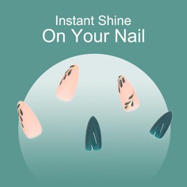 24pcs Short Almond False Nails,Green Stick on Nails Leaves Design Press on Nails, Green leaf design Removable Glue-on Nails Fake Nails,Women Nail Art Accessories