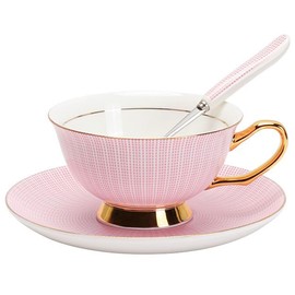 Eplze Bone China Cup and Saucer Set, 6.8oz Coffee Cup for Afternoon Tea- Embossed Texture (Pink)