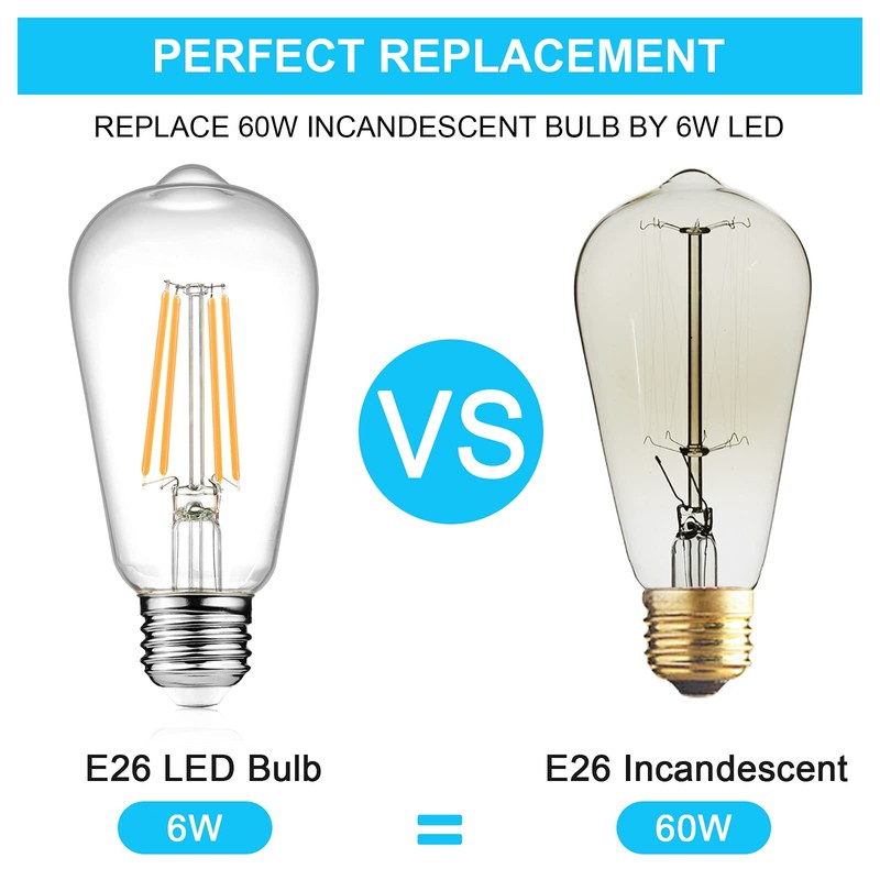 Ascher Vintage LED Edison Bulbs 6W, Equivalent 60W Incandescent, Warm