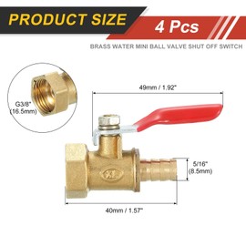 sourcing map 4Pcs Brass Water Mini Ball Valve Shut Off Switch, G3/8" Female x 5/16" Hose Barb, 180 Degree Operation Handle, Brass Valve