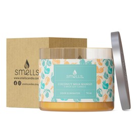 Smells - Odor Eliminator - Premium Soy Wax Jar Scented Candle 16oz. - 100% Cotton Single Wick and 3-Wick - Fragranced Candles (Coconut Milk & Mango, 3-Wick 16oz (1-Pack))
