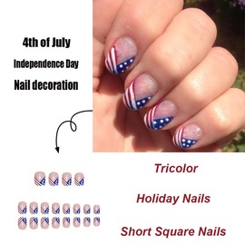 24pcs Independence Day Press on Nails Short Square American Flag Stick on Nails Fourth of July Fake Nails Full Cover Glitter False Nails for Patriotic Women Girl Nail Design