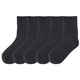 COSHU School Socks, Children, Boys, Girls, Kids, White, Black, Ash, Panda Socks, 5 Pairs Set, 10 Pairs Set, Plain, Crew Length, 2 Types, 5 Pairs: B Type - Black, 16.0–18.0 cm